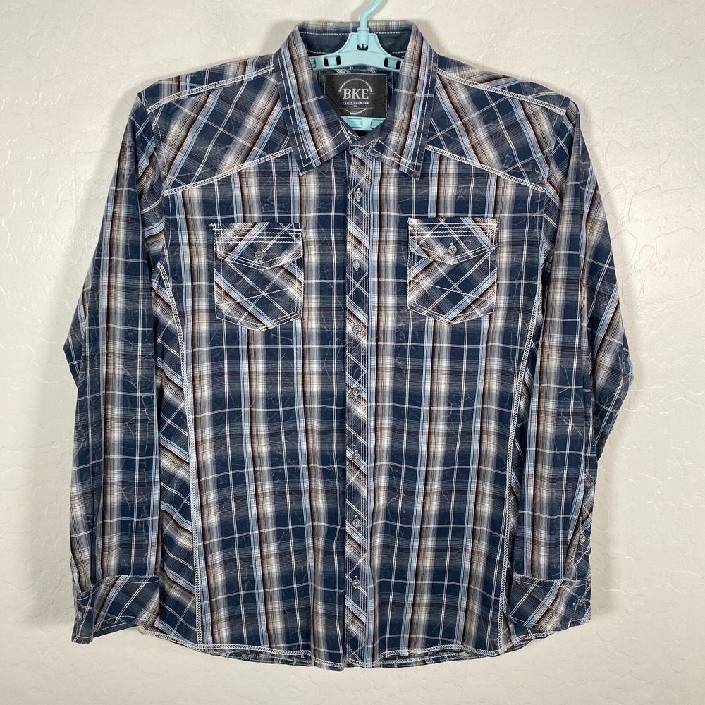 BKE‎ Shirt Mens XL Blue Button Up Long Sleeve Pockets Plaid Distressed Casual